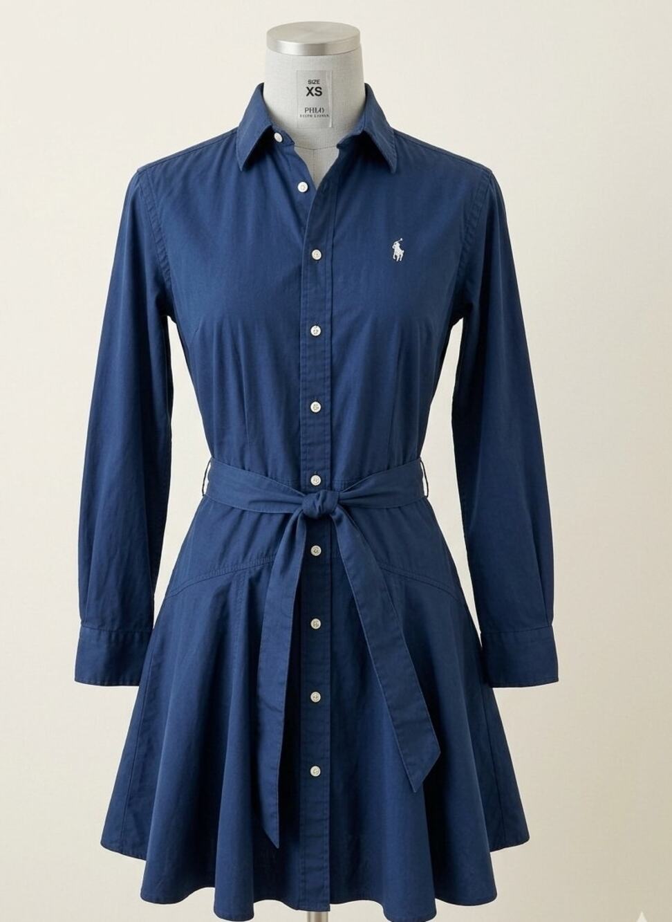 Polo Ralph Lauren Navy Blue Long Sleeve Fit & Flare Shirt Dress XXS 00